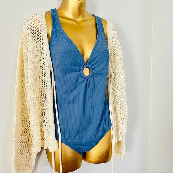 Kona Sol sage Blue ribbed cut out one piece Swimsuit - Picture 3 of 5